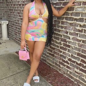 Multi-colored cut out halter dress